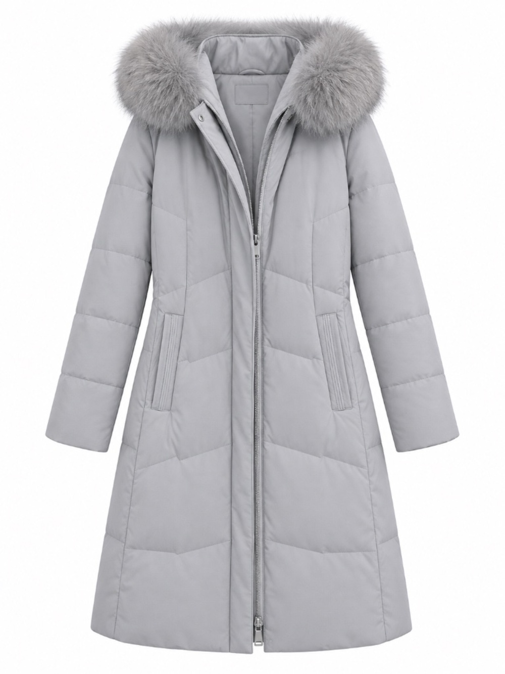 Fox fur, duck’s down, vegan leather long coat